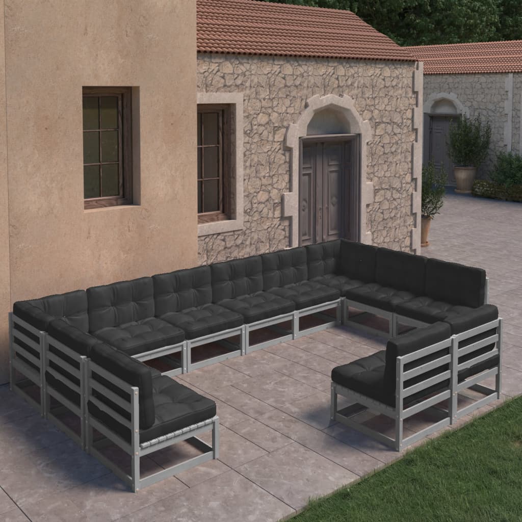 12-tlg. Garten-Lounge-Set mit Kissen Grau Kiefer Massivholz